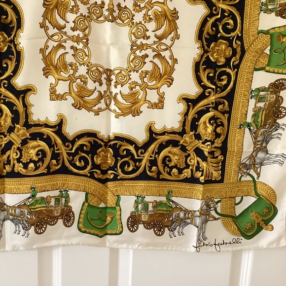 Fabio Fabelli Horse And Carriage Golden Scrolls 100%Silk Twill Scarf Hand Rolled - Picture 6 of 11